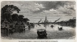 Översikt över Bangkok (Thailand), teckning av E.Bocour, för att illustrera Henri Mouhots resa till kungadömena Siam, Kambodja och Laos från 1858 till 1861. Gravyr i "" Le tour du monde", redigerad av Edouard Charton
