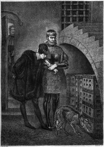 Kung Ludvig XI av Frankrike (1423-1483) på besök hos fången Jean de La Balue (kardinal Balue) (1421-1491), innesluter sig i en järnbur. Gravyr av Bocour efter målningen av Gerome