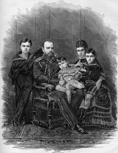 Porträtt av den ryska kejserliga familjen 1881: Tsar Alexander III (1845-1894) och Mary Feodorovna (eller Fiodorovna eller Fedorovna) (Mary Sophie Dagmar