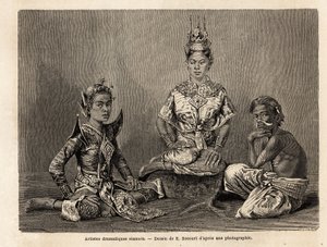 Siamesiska dramatiska konstnärer, teckningar av E.Bocour, för att illustrera Henri Mouhots resa in i kungadömena Siam, Kambodja och Laos från 1858 till 1861. Gravyr i "" Le tour du monde"", redigerad av Edouard Charton