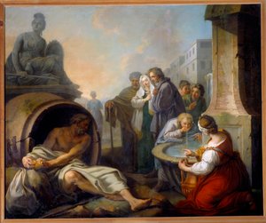 Diogene bryter sin ekulära Diogene av Sinope kallad Cynic (413-327 f.Kr.), grekisk filosof, överger sin ecular efter att ha sett ett barn dricka vatten i händerna vid fontänen. Målning av Etienne Jeaurat (1699-1789) 1700-talets sön. 1,62x1,95 m Paris,