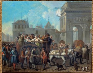 Uppförandet av glädjeflickorna i Salpetriere, passagen genom portarna till Saint Bernard. Det nuvarande Salpetriere-sjukhuset var ursprungligen ett fängelse och ett hospice för kvinnor. Målning av Etienne Jeaurat (1699-1789) 1757 Dim. 0,65 x 0,82 m Paris,  av Étienne Jeaurat