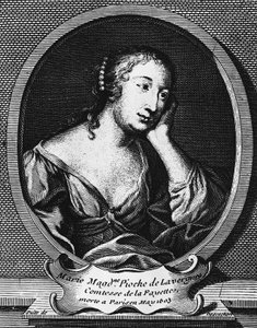 Medaljongporträtt av Marie-Madeleine Pioche de La Vergne, Comtesse de La Fayette (1634-1693), fransk romanförfattare, gravyr av Etienne Jehandier Desrochers (1668-1741)
