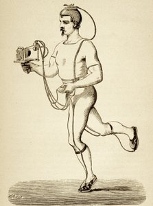 Runner försedd med apparaten avsedd att registrera hans olika steg, från Popular Science Monthly, pub.1875