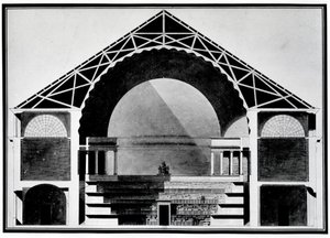 Bibliotheque Royale de France, tvärsnittsritning av byggnaden. Arkitektur av Etienne Louis Boullee (Etienne-Louis Boullee), fransk arkitekt (1728-1799).