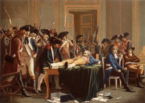 Morgonen den 10:e Thermidor År II; Maximilien de Robespierre, med en bruten käke, spridd på ett bord (chromolitho) av Etienne Lucien (after) Melingue