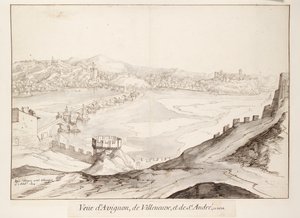 Utsikt över bron vid Avignon med utsikt mot Villeneuve, tidigt 1600-tal