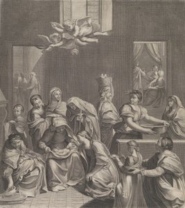 Jungfruns födelse, kvinna sittande med ett spädbarn i knäet, många kvinnor runt..., 1677. av Etienne Picart