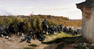 Kriget 1870: "" Les Tirailleurs de la Seine au combat de Rueil Malmaison den 21 oktober 1870""" skärmytsling under försvaret av Paris. Målning av Etienne Berne Bellecour (1838-1910) 1875 sön. 1,03x2,03m