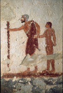 En gammal man åtföljd av en ung man (fresko, detalj, 530 f.Kr.) av Etruscan