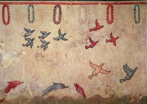 Vattenfåglar och hoppande delfiner, från jakt- och fiskegraven, c.520-10 f.Kr. (väggmålning) av Etruscan