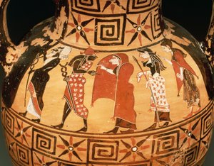 Amfora med svart figur som föreställer Parisdomen (keramik) av Etruscan