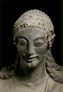 ETRUSKANSK KONST: Apollo (detalj). ca 510-490 f.Kr. Från Veius, helgedom i..., ca 510-490 f.Kr. (terrakotta) av Etruscan