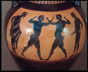 Etruskisk civilisation: Terracotta amphora decoree d"une scene de pugilat, detalj 550-500 f.Kr. Från krigarens grav i Vulci, Italien av Etruscan