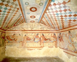 Etruskisk Tomb of Leopards, fresk som visar bankettscen, Tarquinia. 400-talet f.Kr., Italien (fresk)