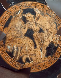 Etruskisk antikvitet: detalj av en kylix som representerar Poseidon och Amphitrite. Från Falerii Veteres (Civita Castellana) 600-talet f.Kr. Rom, Nationalmuseet för Villa Giulia av Etruscan