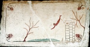 Etruskisk konst: En ung simmare som dyker. Fresk av "dykarens grav". Från Paestums södra kyrkogård. 480-470 f.Kr. Museo Archeologico Nazionale, Paestum