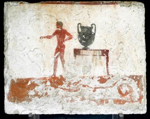 Etruskisk konst: en ung naken ephebe nära ett bord där en vas är placerad. Fresk av "dykarens grav". Från Paestums södra kyrkogård. 480-470 f.Kr. Museo Archeologico Nazionale, Paestum av Etruscan