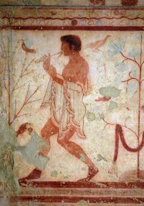 Etruskisk konst: fresker som representerar bankettscener, detalj som representerar en flöjtspelare. Trikliniums grav. 500-talet f.Kr. National Archaeological Museum of Tarquinia Italien av Etruscan