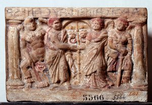 Etruskisk civilisation: Terrakottaurna från Chiusi Italien - 2:a århundradet f.Kr. Dim 20x30 cm (etruskisk konst: terrakottaurna 2:e århundradet f.Kr.) Florens, Museo Archeologico, inv 5566 av Etruscan