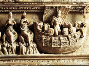 Etruskisk civilisation, alabaster urna, detalj av relief föreställande Odysseus och sirener av Etruscan