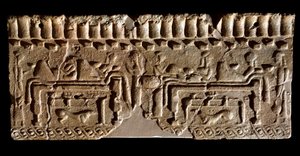 Etruskisk civilisation: terrakottafris prydd med en bankettscen. 580 f.Kr. Dim. 24x54 cm. Från Murlo Palace. Murlo, Antiquarium Comunale av Etruscan