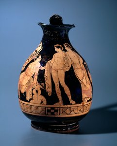 Etruskisk civilisation: terrakotta oenocho dekoreras vid verkstaden för målaren av Alcesti som representerar en ung man som sitter och pratar med två andra personer stående, 360-340 f.Kr. från Tarquinia, Italien av Etruscan
