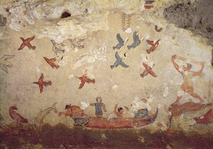 Fiskare i en båt och fåglar som flyger, från fisketomten, ca 520-510 f.Kr. (väggmålning) av Etruscan
