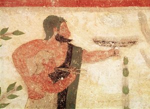 Huvudet för en man och ett barn som spelar dubbelflöjt, från baronens grav, ca 500 f.Kr. väggmålningsdetalj av 407470