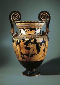 Italien, Lazio, Civita Castellana, volutekrater med röd figur (vas som används för att blanda vin och vatten) föreställande Peleus som kidnappar Thetis, målad av Aurora Painter, 360/340 f.Kr. av Etruscan