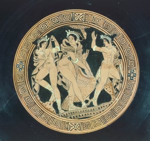 Kylix, detalj. Keramik med röd figur. Etruskisk civilisation, 400-talet f.Kr. av Etruscan