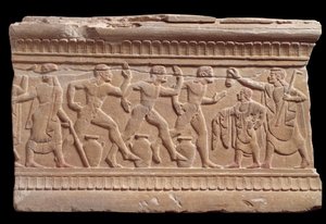 Lättnad med ett lopp av idrottare från en marmormilstolpe i Chiusi, Italien, 600-talet f.Kr. av Etruscan