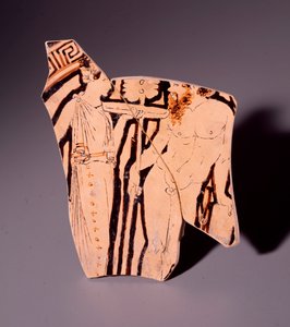 Terrakottafragment av kylix föreställande en maenad och en satyr, 350 f.Kr av Etruscan