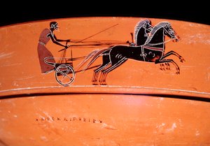 Terrakottavasdetalj som föreställer en vagn dragen av två hästar, 300-talet f.Kr av Etruscan