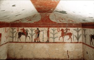 Två ryttare, en kvinna och en skäggig man presenterar en kopp (Detalj av fresk, 530 f.Kr.) av Etruscan