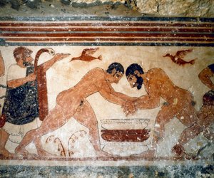Två brottare. (Detalj av fresk, 530 f.Kr.) av Etruscan