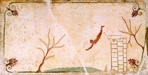 dykare, cirka 480-490 f.Kr., dekorativ fresk från täckplattan i dykarens grav i Paestum, Kampanien, Italien, 500-talet f.Kr.