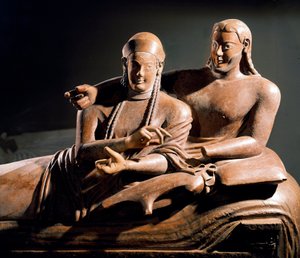 Etruskisk konst: Sarcophagus des spouses, terracotta sulpte-grupp av ett par på begravningsbädden - Detalj, från Cerveteri, Italien. 525-500 f.Kr. Paris, musee du Louvre - Etruskisk civilisation: makarnas sarkofag - Terrakottaskulptur (detalj) från Cerve