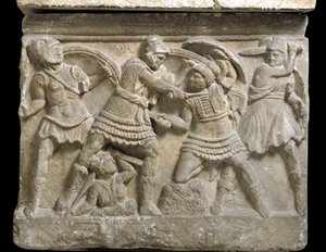 Etruskisk konst: "" Eteocle and Polynice""" de två bröderna, son till Oidipus, Basrelief av en sarkofag av Chiusi, 300-talet f.Kr. - Palermo, Museo Archeologico Nazionale - Duell mellan bröderna Eteocles och Polynices, söner till Oidipus - Bas -lättnad, de