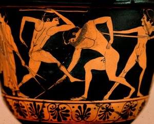 Etruskisk konst: pyxis dekorerar en palestra-scen, idrottare tränar spjutkastning från Cerveteri. Rom, Museo di Villa Giulia