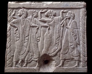 Relief med dansare från en marmormilstolpe i Chiusi, Italien, 600-talet f.Kr. av Etruscan Etruscan
