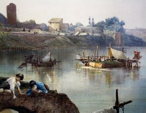 Fiskarnas Giornelli (fiskhjul) på Tibern nära Porto di Ripa Grande i Rom, av Ettore Roesler Franz (1845-1907), akvarell, Italien