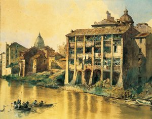 Italien, Rom, Gamla hus längs floden Tibern, av Ettore Roesler Franz, Akvarell