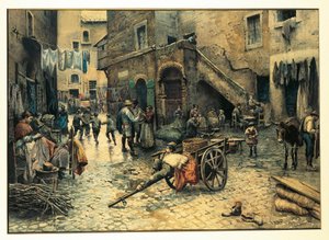Italien, Rom, Gatuliv på Via Capocciuto i (judiskt) getto i Rom av Ettore Roesler Franz, akvarell