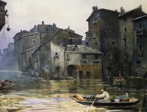 Via della Fiumara översvämmad i Rom, av Ettore Roesler Franz (1845-1907), akvarell, Italien