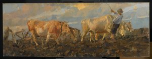 Oxen plöjning, 1911 (olja på linne) av Ettore Tito