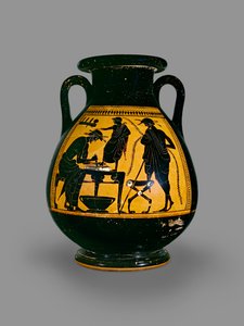 Attic svart-figur pelike dekorerad med en scen av en skomakare som skär läder för en sko, tidigt 500-tal f.Kr. (keramik) av Eucharides Painter