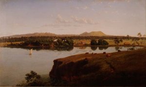 Vy över Purrumbete Station som ser nordväst. Mount Leura och Mount Sockertoppen i fjärran, Australien