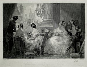 Innenraum der Pariser Oper, Menschen in einer Loge, Gravur von Eugene-Louis Lami