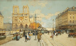 Figurer på en solig gata i Paris, Notre Dame till vänster